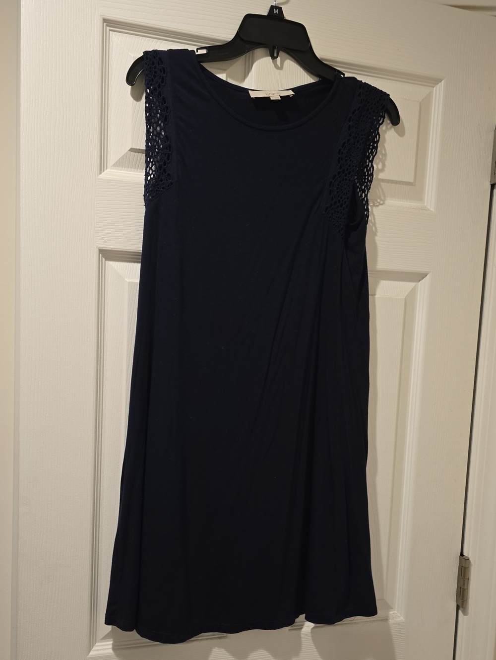 LOFT Navy Blue Midi Dress with Crochet Cap Sleeves